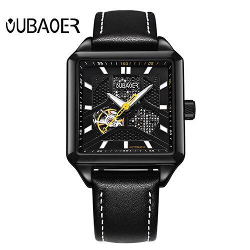 OUBAOER hommes montres mécaniques automatique auto-vent Sport cuir hommes montre-bracelet carré squelette homme mâle heure chaude: Black