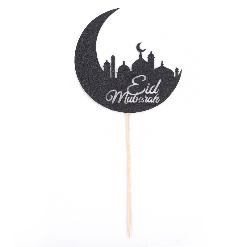 10pcs Eid Mubarak Cupcake Topper Glitter Moon Cake Toppers for Eid Ramadan Party Cake Decoration Gold Silver Black Cake Supplies