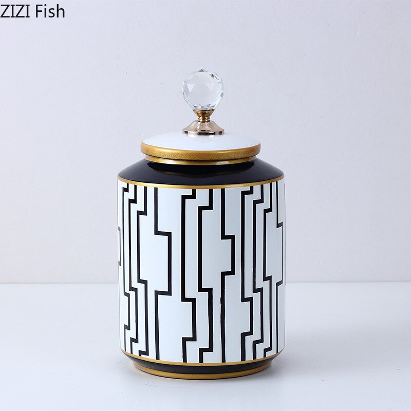 Tarros de porcelana con tapa de cristal, recipiente de té, olla de caramelo, tanque de almacenamiento de cerámica, decoración de escritorio, tarros de almacenamiento de rayas geométricas