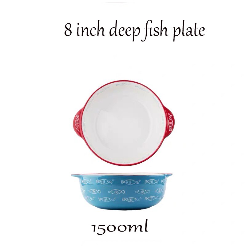 Ceramic Steamed fish plate 8/10/12inch round oval dish with disc clamp heat resisitant procelain tableware dinner set: 8inch deep plate