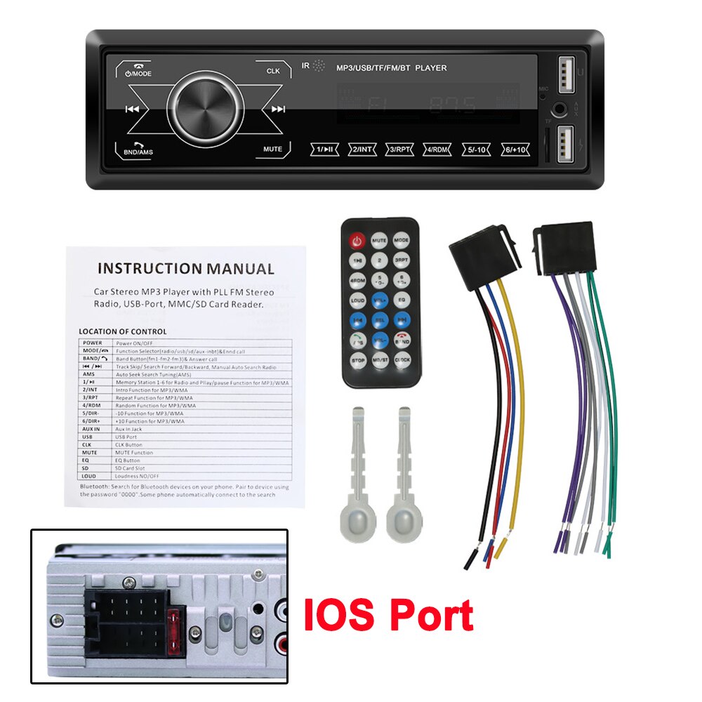 Radio con Bluetooth para coche, reproductor MP3 estéreo de 12V, 1DIN, receptor FM, Kit de manos libres, adaptador de música AUX/USB/tarjeta TF en el tablero, Puerto IOS