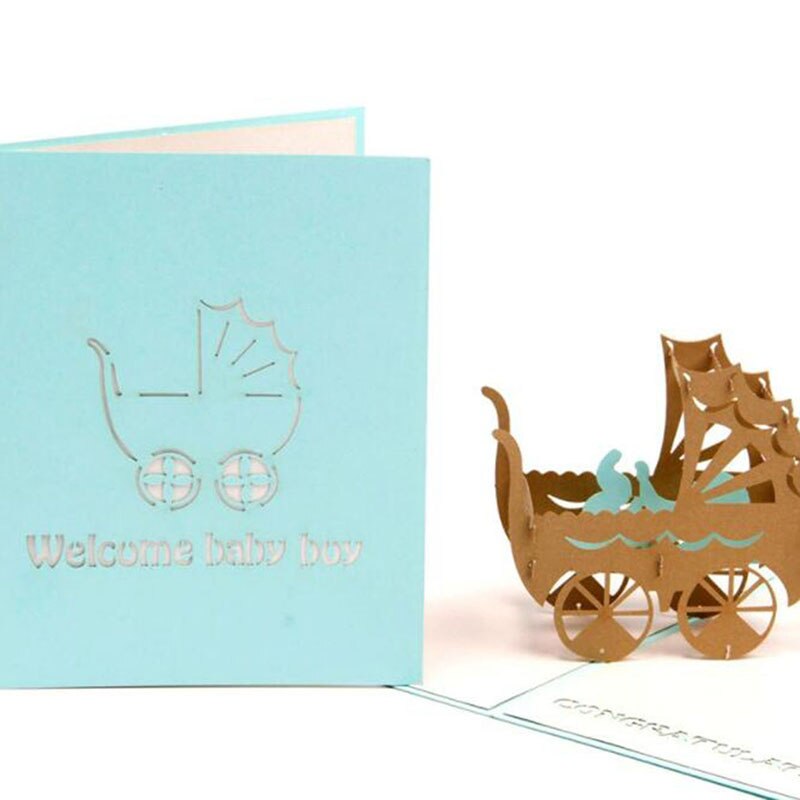Handmade Paper Art Blank Greeting Cards Decoration 3D Pattern Baby In Pram Card Pop Up Birthday Card Baby