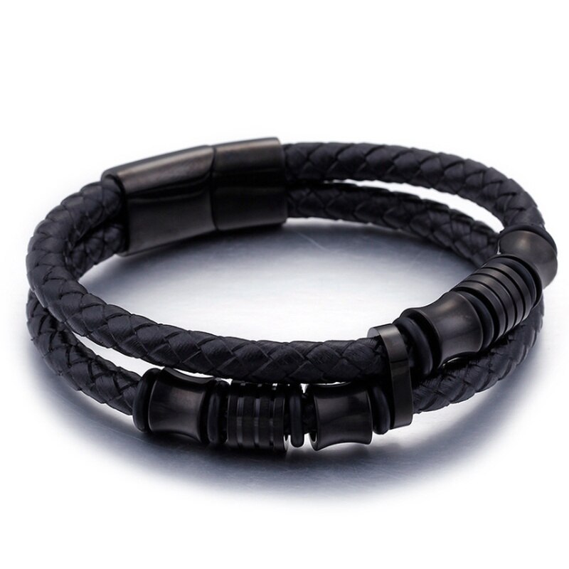 Klassieke Double Layer Zwart Lederen Armband Gold Metalen Magnetische Sluiting Mannen Mode Armband Sieraden: black
