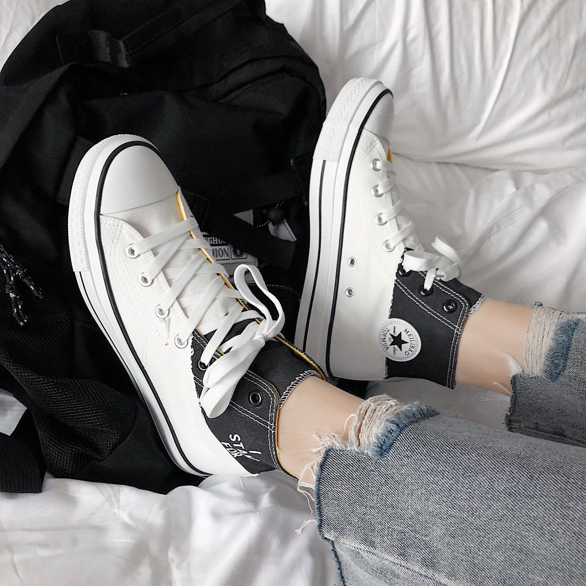 Mænd high top canvas sko platform vulkaniserede sko sommer åndbare blandede farver sneakers man fodtøj skridsikkert: Hvid sort / 10