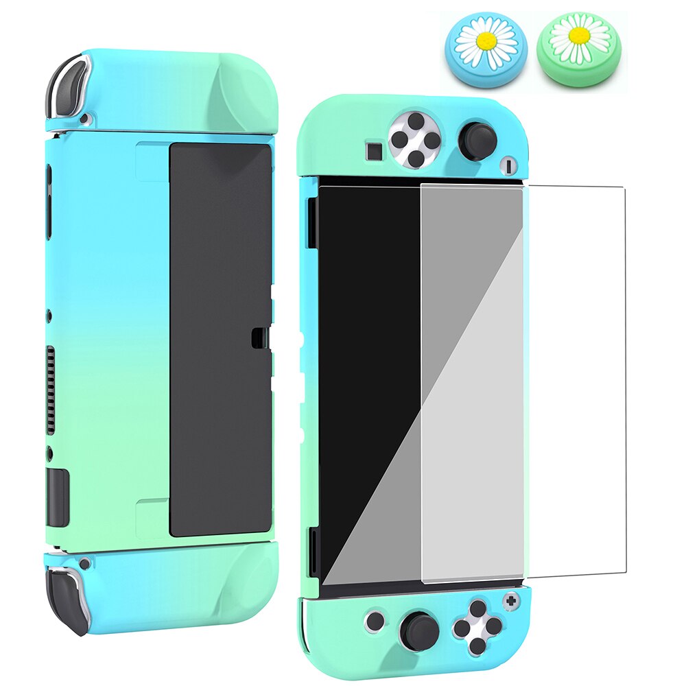 Hard Shell Micro-Frosted Cover Case Voor Schakelaar Oled &amp; Joycon Controller Game Accessoires 4 Thumb Grip Cap En screen Protector: green