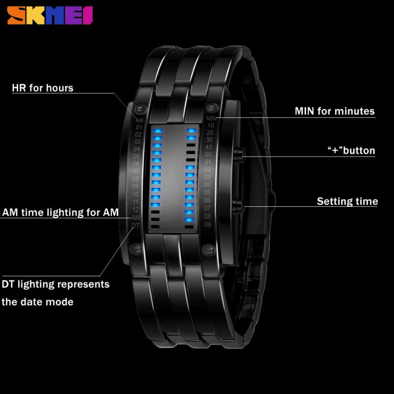 Mode Creatieve Skmei Sport Horloge Mannen Roestvrij Stalen Band Led Display Horloges 5Bar Waterdichte Digitale Horloge Reloj Hombre 0926