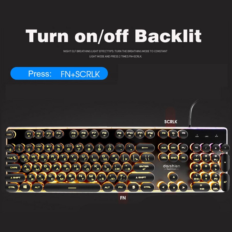 Steampunk Retro Gaming Keyboard Russian/English Layout Round Keycap Backlit USB Wired Glowing Metal Panel Crystal Border