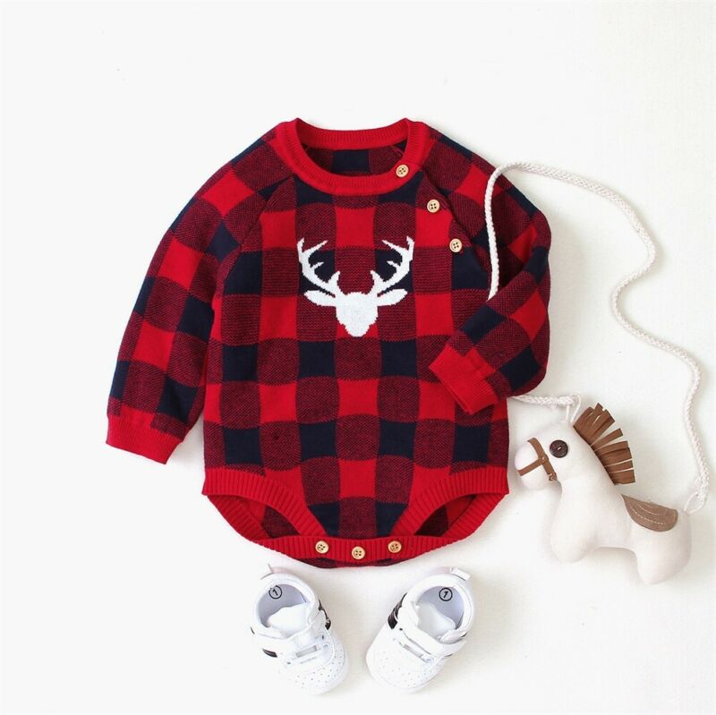 Navidad recién nacido bebé niña Bodi tejido Xmas Deer manga larga botón O cuello Plaid mono básico