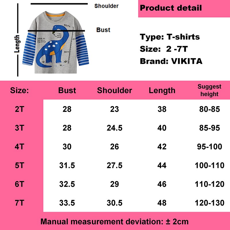 Vikita Kids T-shirt Voor Jongens Peuters Baby Jongens Lange Mouw Tees Kinderen Dinosaurus Cartoon Tops Kinderen Gestreepte Katoenen T shirt