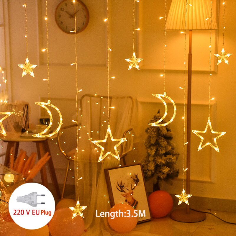 Cortina de luces LED con forma de ciervo, Estrella y Luna, guirnalda de luces de colores para Navidad, decoración de Año , para exteriores, hogar, boda, , 220V: warm star moon