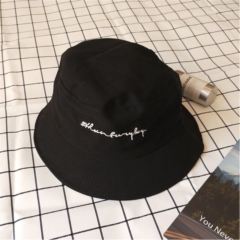 Strand sport mössa broderi brev hink hatt hip hop strand kvinnor utomhus sport platt topp keps fiskare solhatt: Svart
