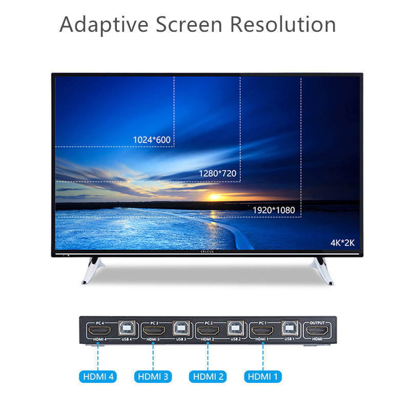 18Gbps 4K 60Hz Ultra HD Metal Case 4 Input 1 Output KVM Switch Screen Switcher Shared Keyboard and Mouse AM-KVM401