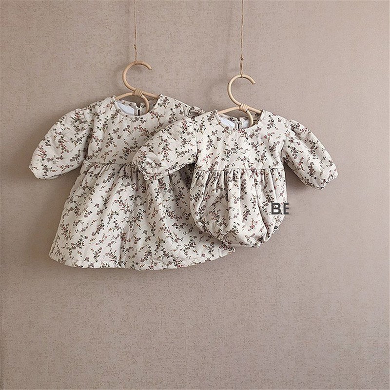 Herfst Koreaanse Baby Meisjes Kleding Bloemenprint Little Sisiter Bodysuits Grote Zus Jurk Katoenen Meisjes Jurk Retro Baby Bodysuit