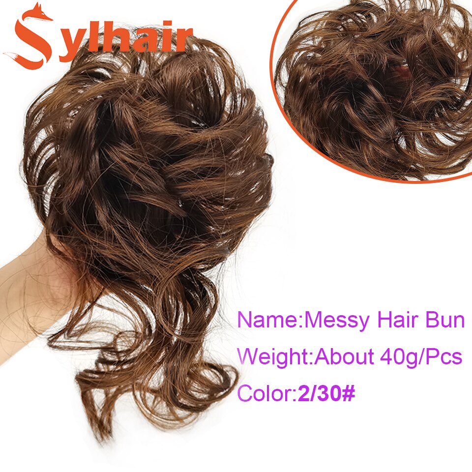 Sylhai-moño de pelo rizado sintético para mujer, moño marrón desordenado con cuerda elástica para el cabello, banda de goma, extensiones de cabello: 2-30
