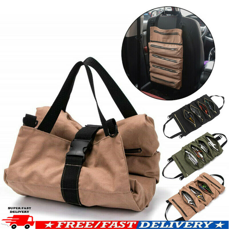 Mode Canvas Tool Roll-Up Tas Moersleutel Storage Carrier Pouch Auto Back Seat Organizer(Khaki Army groen Zwart)