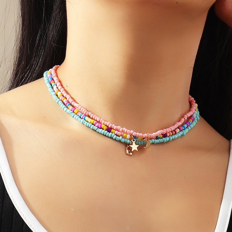 Bohemian Multilayer Zaad Kraal Ster Maan Vlinder Hanger Ketting Voor Vrouwen Mode Strand Eenvoudige Lock Choker Kraag