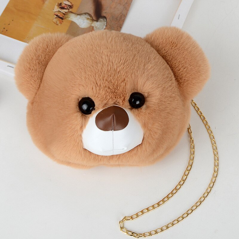 Women Plush Hairy Bag Female Cute Chain Shoulder Messenger Bag Girl Doll Cat Bear Head Bag: 10