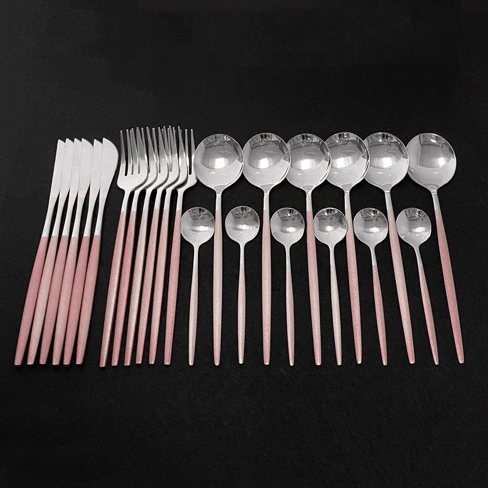 Explosion24Pcs Bunte Geschirr Set Edelstahl Besteck Set Küche Spiegel Gold Geschirr Set Messer Gabel Löffel Geschirr: Pink Silver