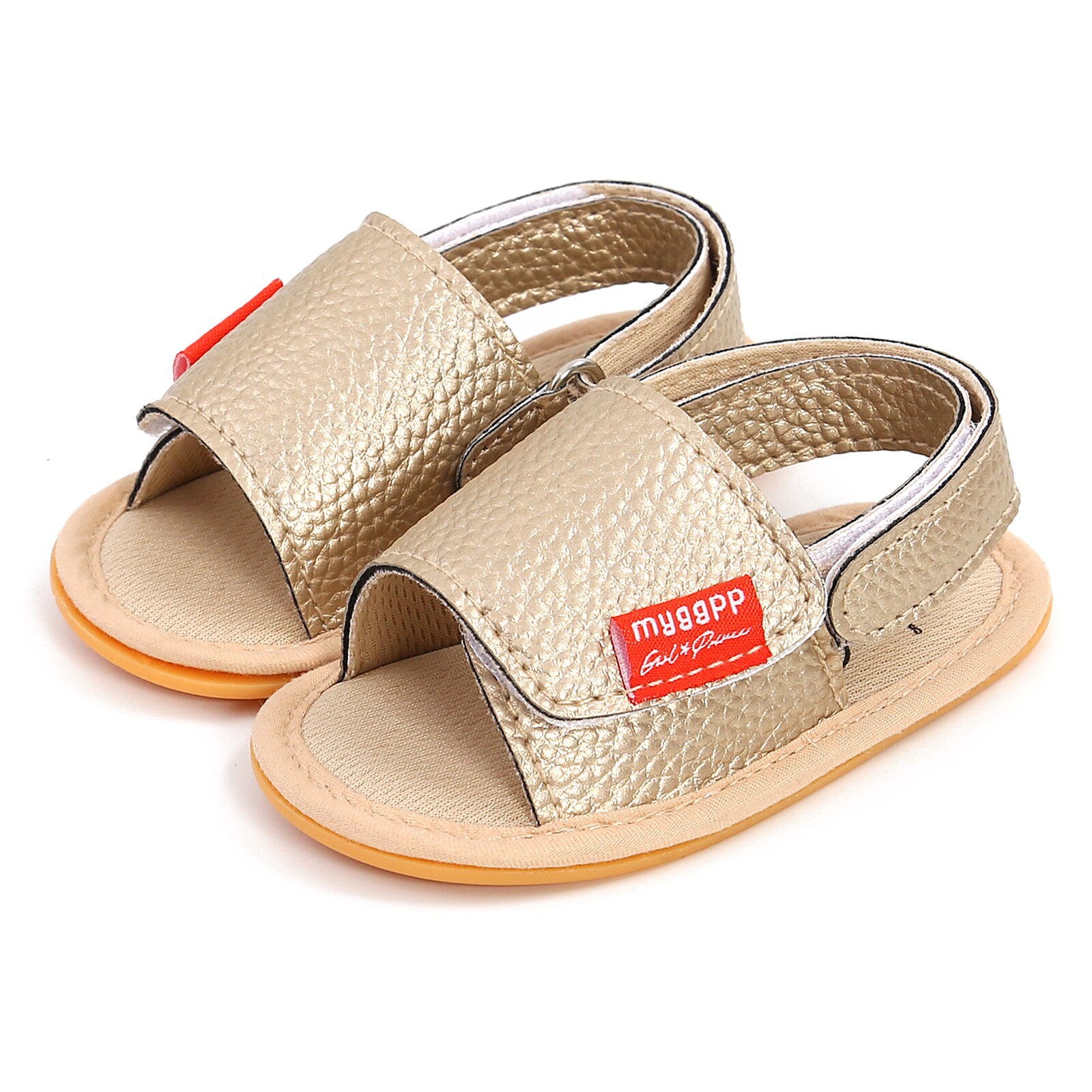 Sandales pour bébé solides/léopard, chaussures plates d'été légères antidérapantes avec fermeture à pression et boucle de talon: Or / 9-12Months