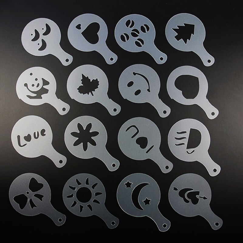 16pcs Cooffee Mold Coffee Cake Plastic Stencil Decoration Cupcake Template Mold Stencils Template Strew Pad Duster Spray: Default Title