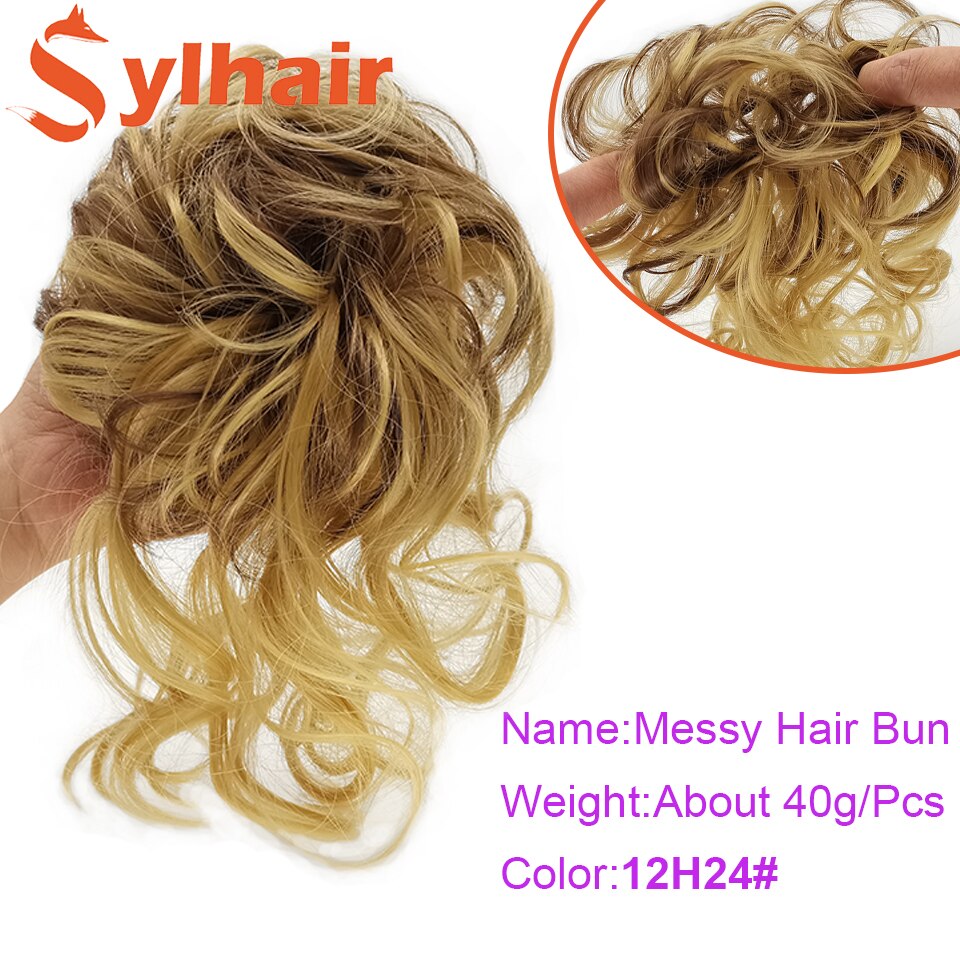 Sylhai-moño de pelo rizado sintético para mujer, moño marrón desordenado con cuerda elástica para el cabello, banda de goma, extensiones de cabello: 12H24