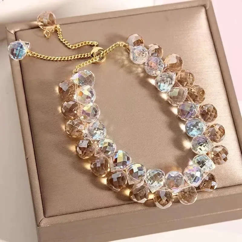 Nueva pulsera de cristal transparente para niños, cuentas de piedra brillantes a la , brazaletes de hilo elástico, joyería Manchette Bijoux: Color amarillo dorado claro