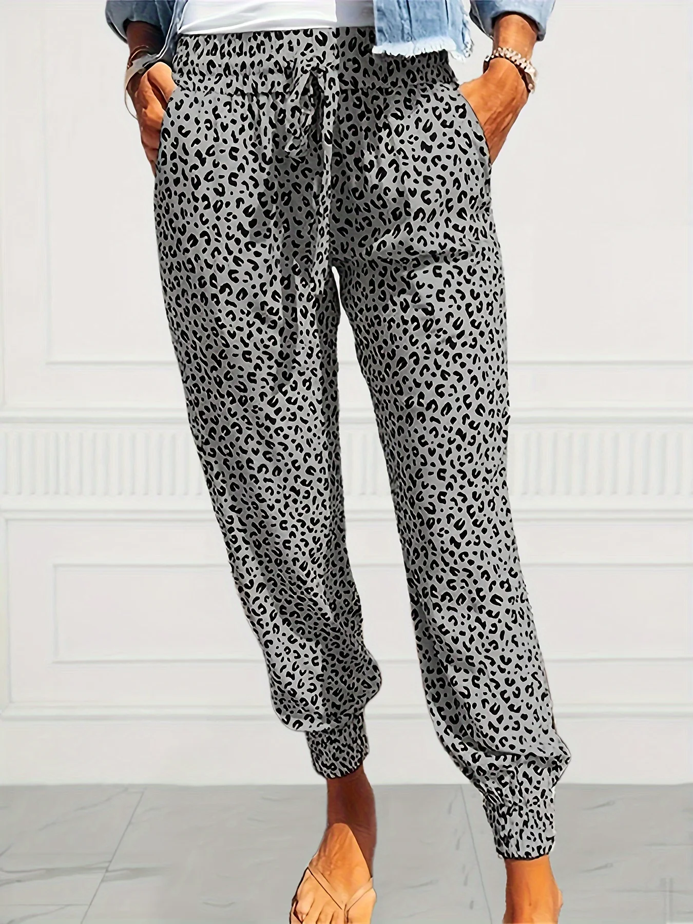 Pantalon décontracté imprimé léopard pour femme, vêtements amples personnalisés, grande taille, cordon de serrage: 4XL