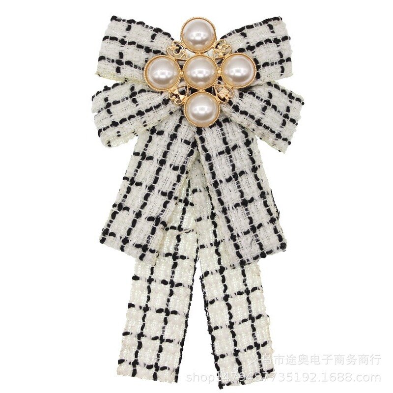 Spilla classica con fiocco stampato a strisce scozzesi perle di tela papillon corpetto colletto spille per donna camicia colletto abbigliamento gioielli