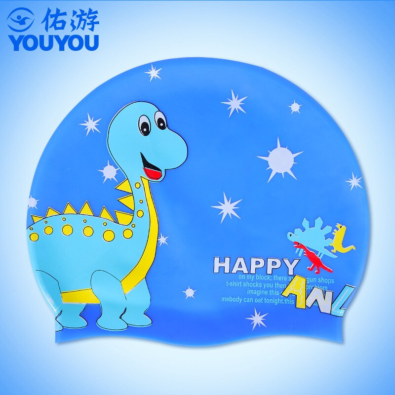 Children's silicone swimming cap boys and girls long hair waterproof ear protection not strangle head cute swimming cap: blue dinosaurA