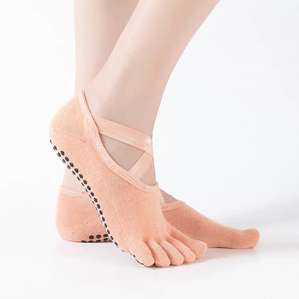 Rygglösa femtåiga yogastrumpor för kvinnor och halkfria golvstrumpor tålösa halvtåstrumpor för balettdanssportstrumpor: F