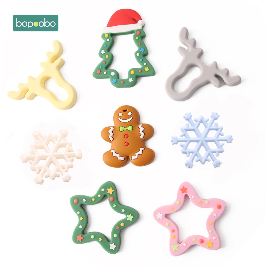 Bopoobo 1pc silikon snöflinga bitring julgran hänge stjärna jul rådjur för baby älg pepparkaka mansbaby bitring