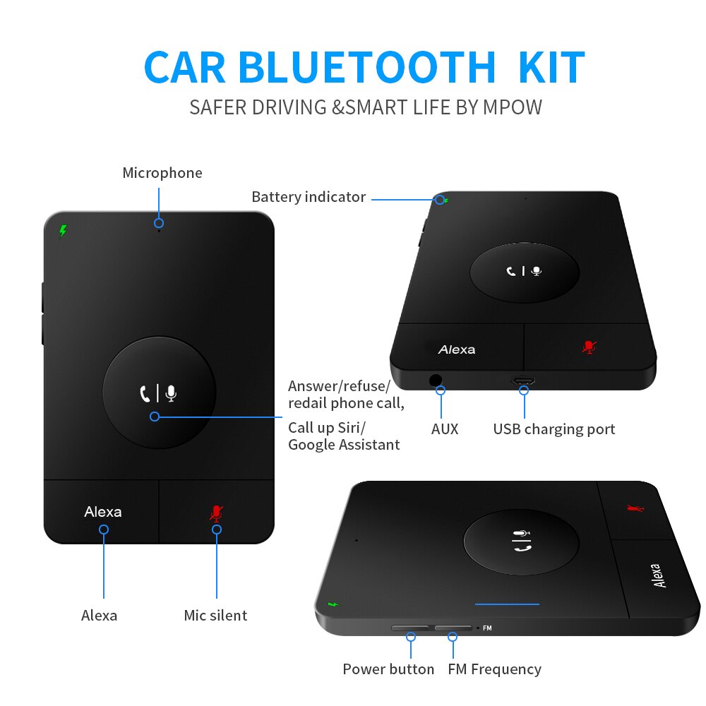Alexa Bluetooth 4.2 A2DP Audio Receiver Handsfree Aux Car Kit Fm Transmitter Voice Control Siri Google Assistant GPS Navigation