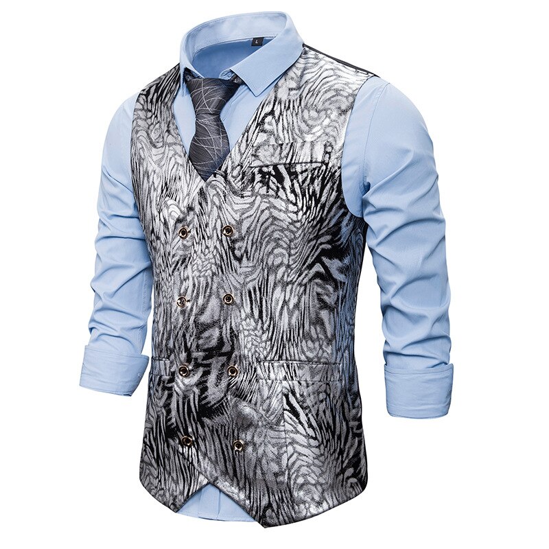 Glimmende gouden slangenprint vest heren nachtclub podium gala pak vest heren dubbelrijs vesten heren chaleco hombre: Zilver / Xxl