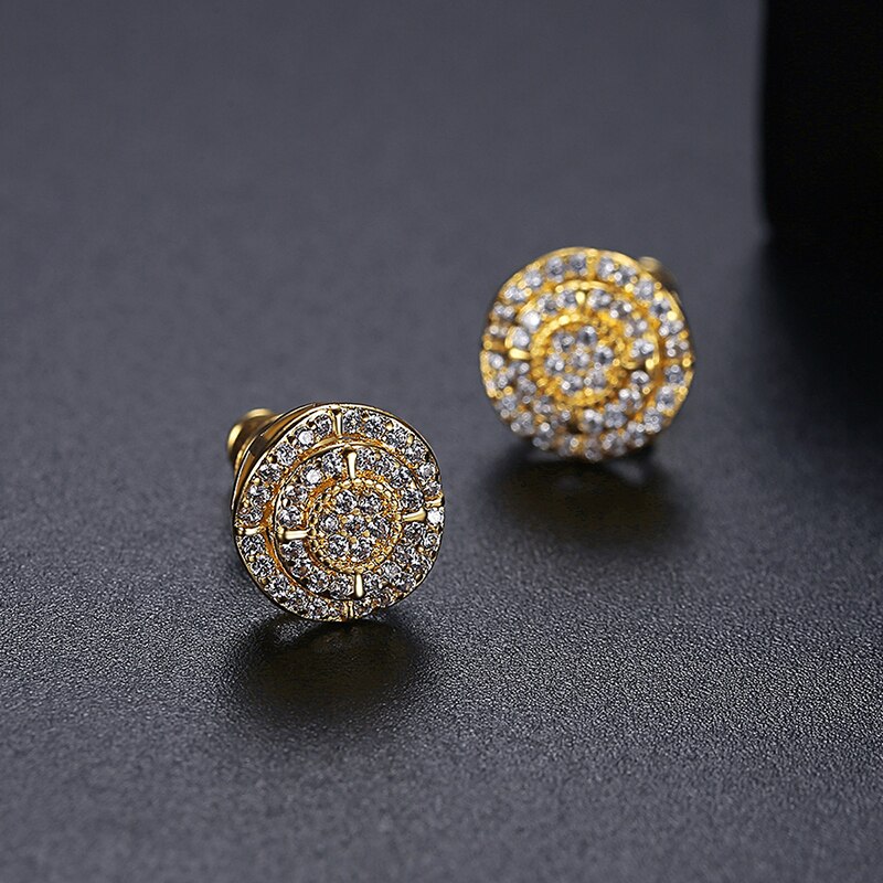 Jinse Vergulde Aaa Kubieke Zirkoon Iced Out Stud Oorbellen Voor Mannen Vrouwen Ronde Clear Cz Mode Hip Hop sieraden Trend: Gold Color