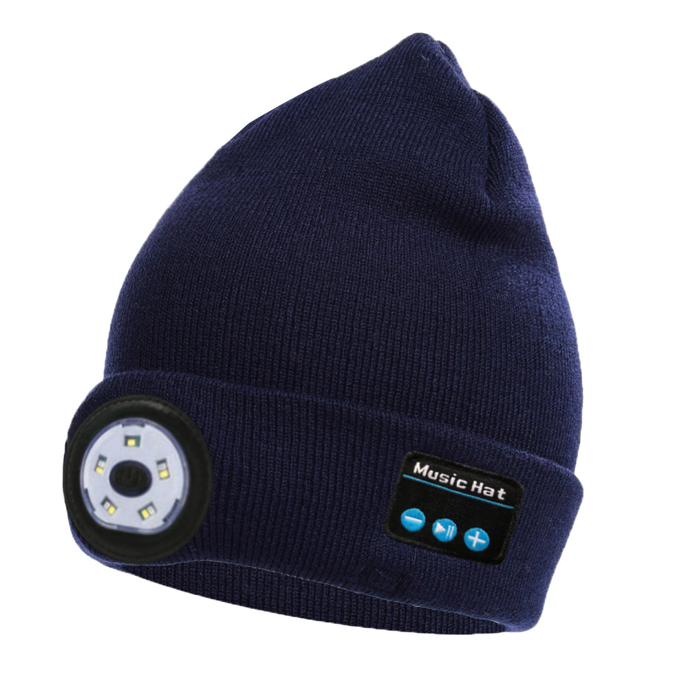 Bluetooth Kopfhörer Musik Hut Winter Drahtlose Kopfhörer Kappe Headset Mic Outdoor Radfahren Wandern LED Licht Strickte Hut Für Xiaomi: Navy with Light