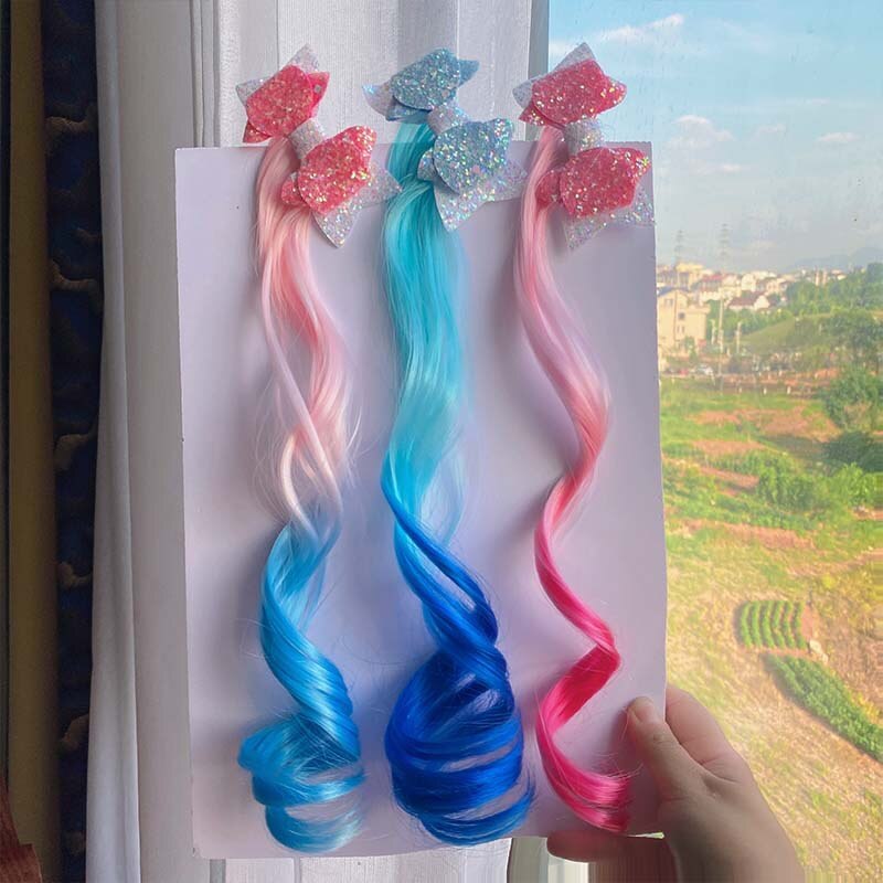 1-2 pz ragazze parrucche colorate coda di cavallo ornamento per capelli principessa fiocchi fasce elastici copricapo treccia regalo per bambini accessori per capelli