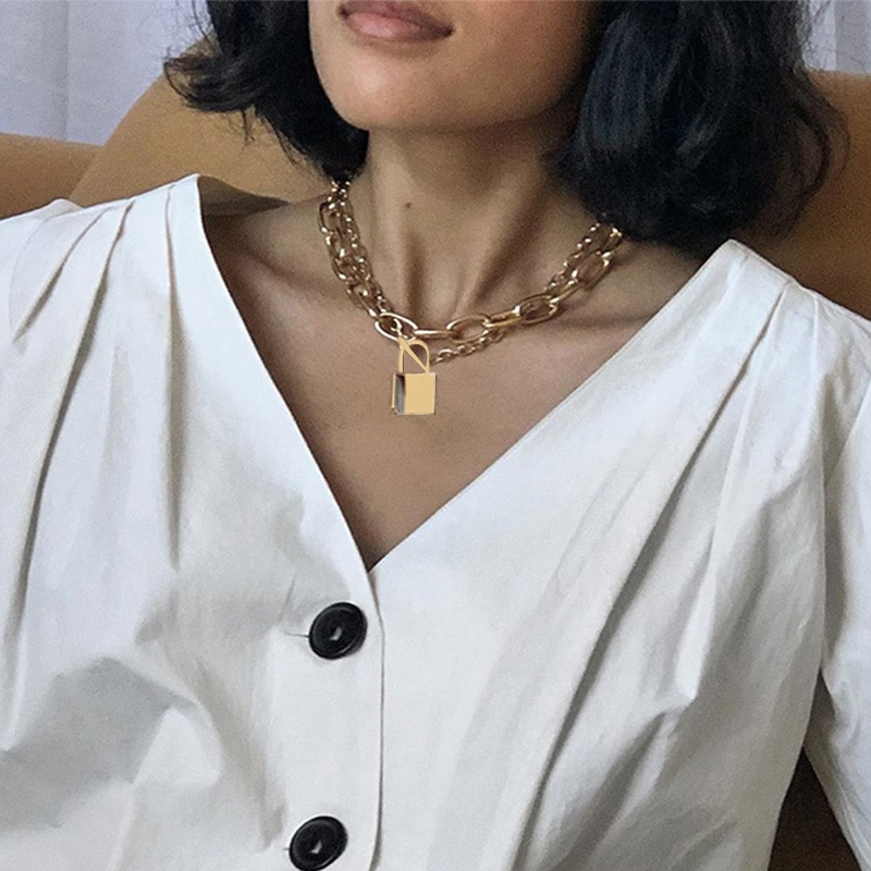 Punk choker slot ketting gelaagde ketting op de nek met slot punk sieraden vrouw sleutel hangslot hanger ketting voor vrouwen
