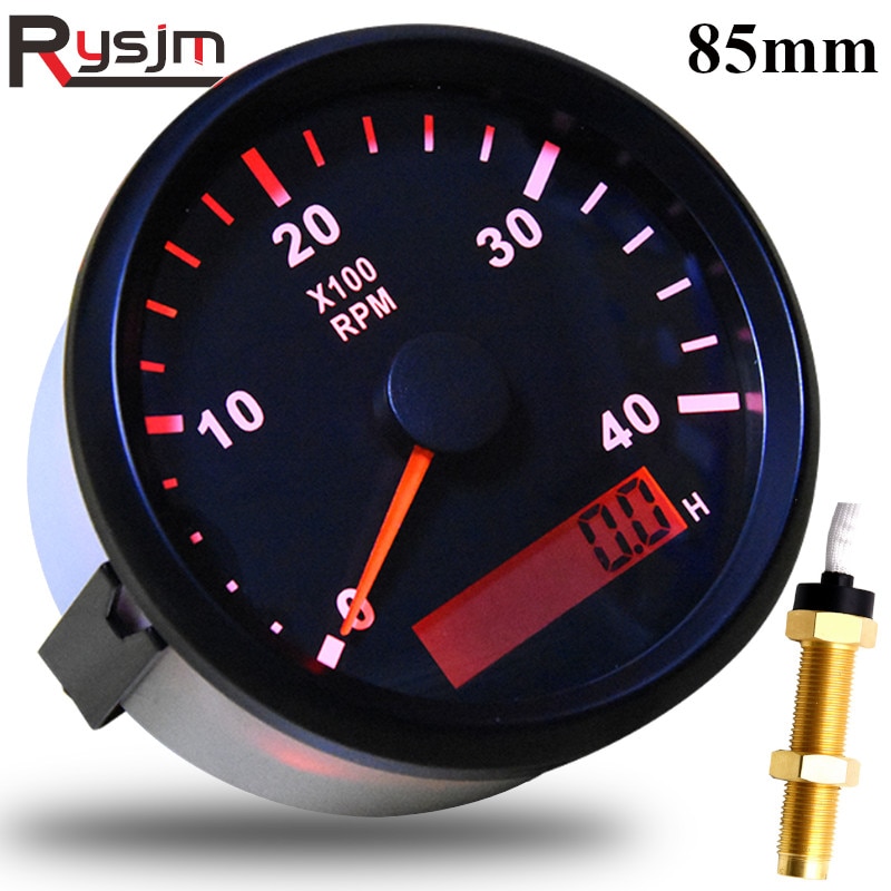 85mm REV Counter Car Boat tachometer + sensor Car Truck Tacho Marine RPM Meter with LCD Hourmeter 4000 RPM Red Backlight 12V/24V