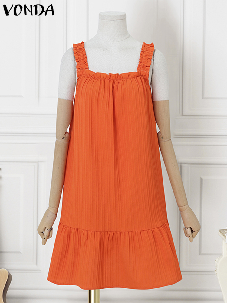 Vonda pluss størrelse kvinner sommer minikjole bohemsk strandkjole stropper ermeløs ensfarget rysjer vestido avslappet plissert morgenkåpe: 0xl / Oransje