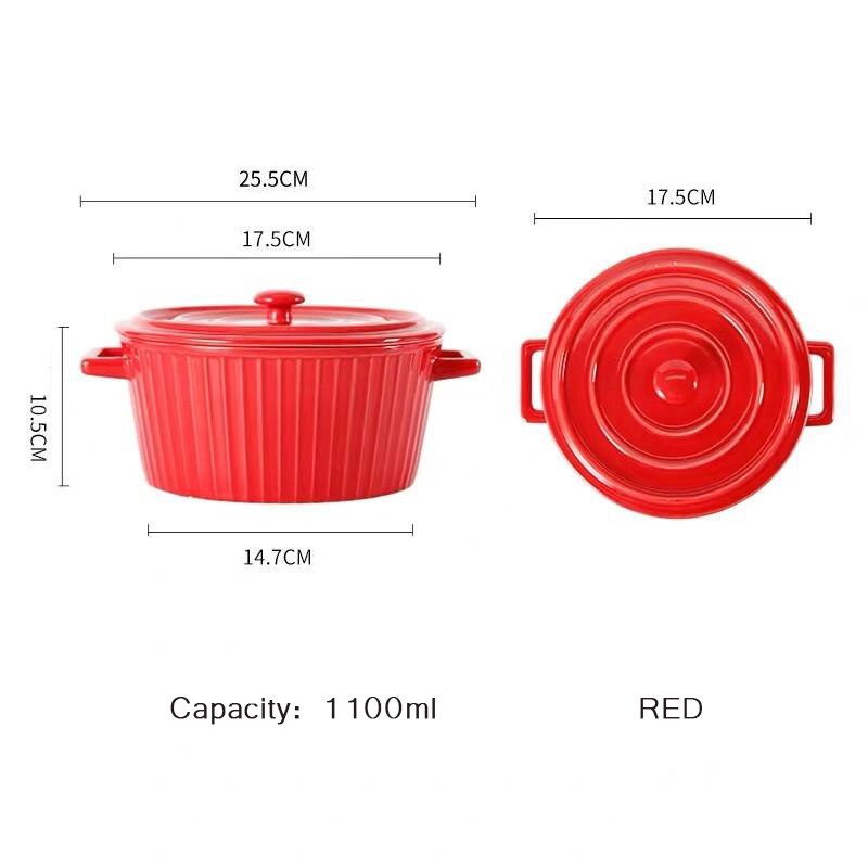 Moderne Minimalistische Dubbele Oor Keramische Kom Met Deksel Studentenflat Thuis Salade Instant Noodle Kom Magnetron-Verwarmbare Soeppan: Red