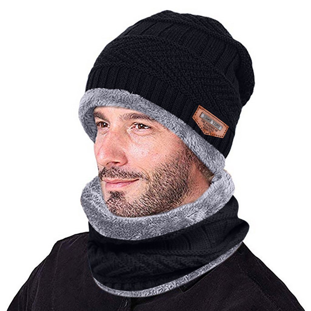 Winter Gebreide Muts Sjaal Set voor Mannen Dikker Fleece Warm Beanie Muts Sjaal Set Solid Knit Winddicht Outdoor Ski Cap ring Sjaal