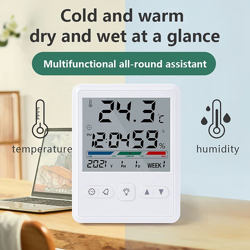 Hygrometer Indoor Thermometer With Clock, Desktop Digital Thermometer With Temperature And Humidity Monitor For Home