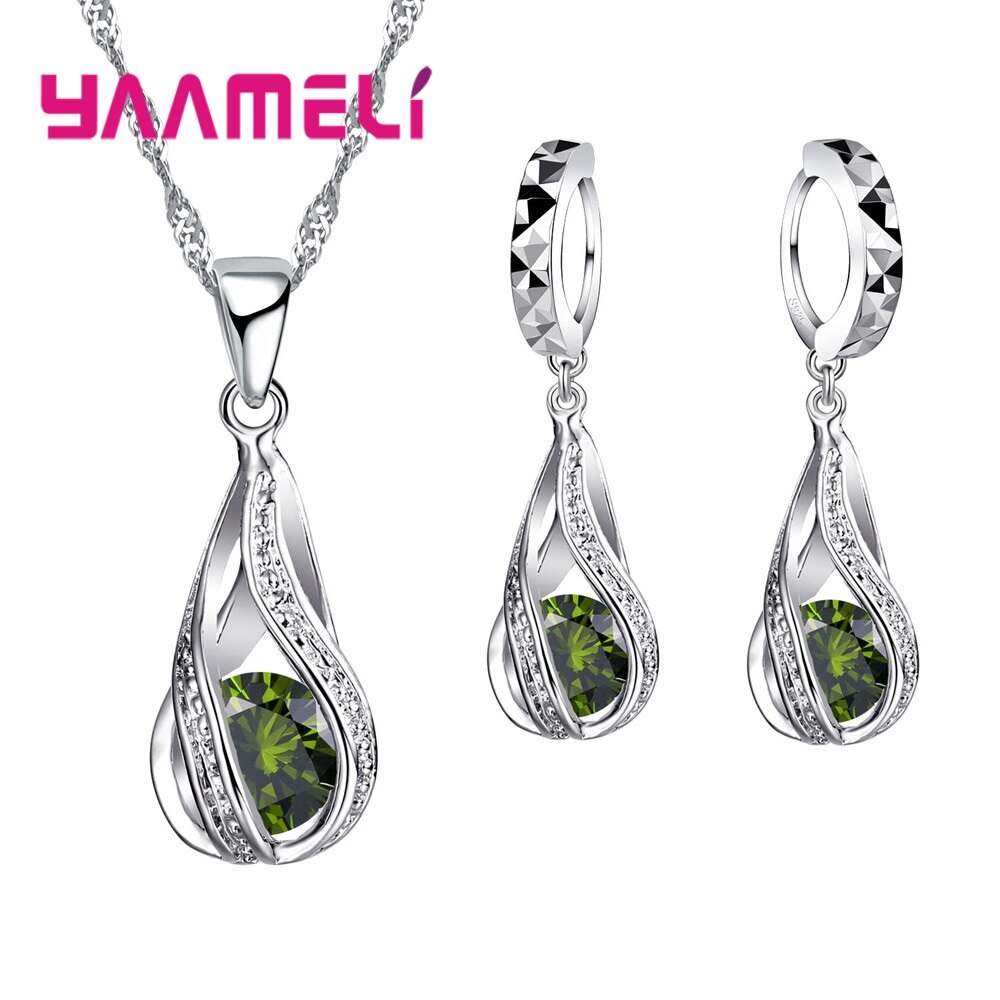 Muliple Colors 925 Sterling Silver Classic Shape Shinning Crystal Jewelry Sets Necklace Pendant Long Earrings Big: green