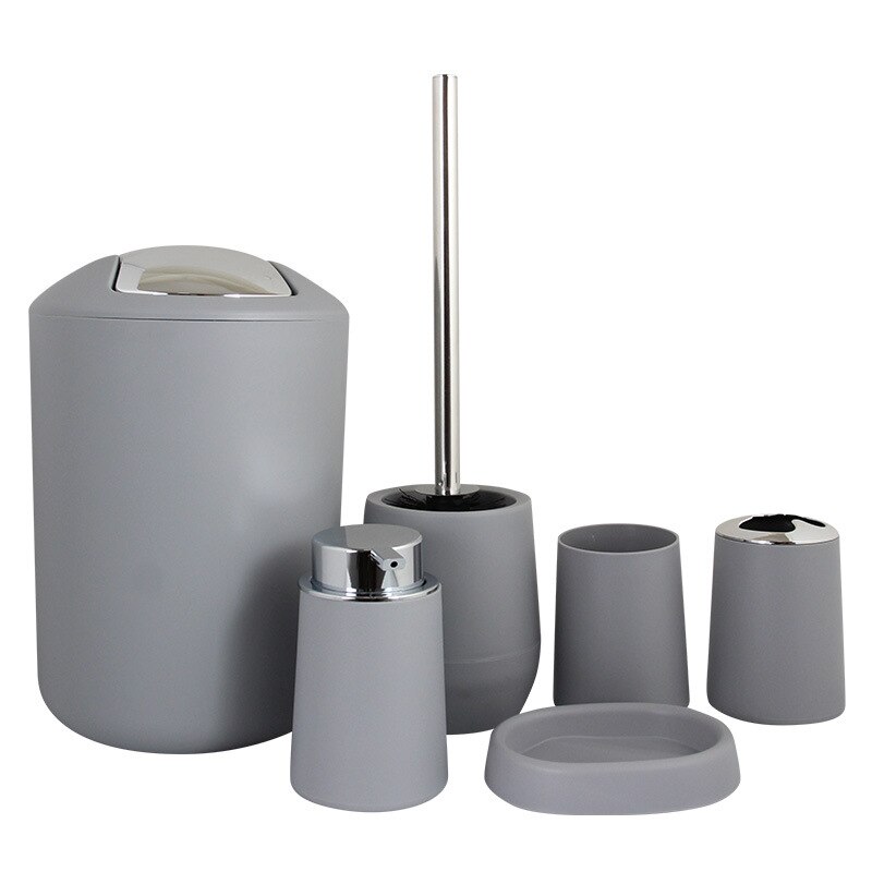 Bamboe Badkamer Accessoires Set Plastic Badkamer Kit Zeep Dispenser, Tandenborstel Beker, Zeepbakje, Toiletborstel Houder, prullenbak: Gray 6pcs B