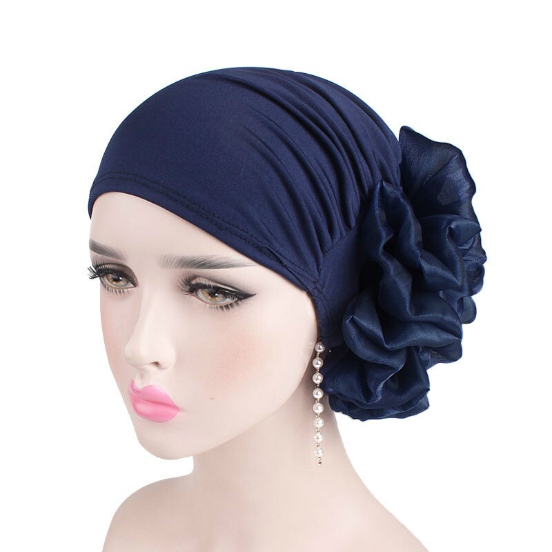 Grote Bloem Vrouwen Tulband Hoed Moslim Hoofddoek Stapel Hoop Cap Vrouwen Zachte Comfortabele Hijab Caps Islamitische Chemotherapie Hoed: navy blue