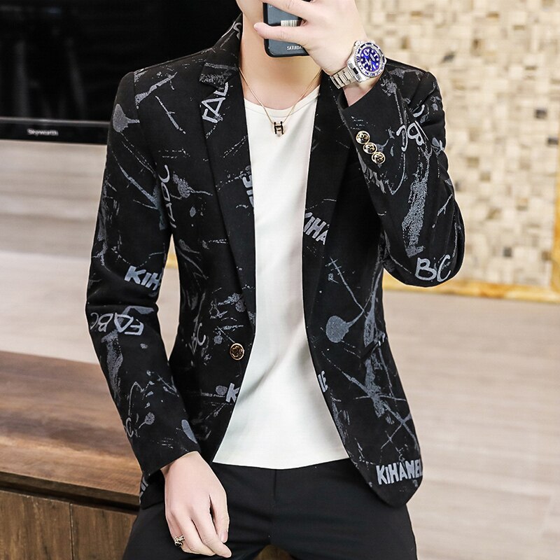 printemps Blazer Veste Hommes Veston Imprimé Hombre Mariage Costume D'affaires Décontracté Veste Streetwear Sociale Costume Homme: Black / XXXL