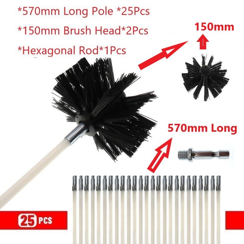 150mm Rotary Chimney Brush Long Handle Flexible Rod For Chimney, Dryer Pipe，Fireplace Inner Wall And Roof Cleaning Tools: 25Pcs 570mm Pole