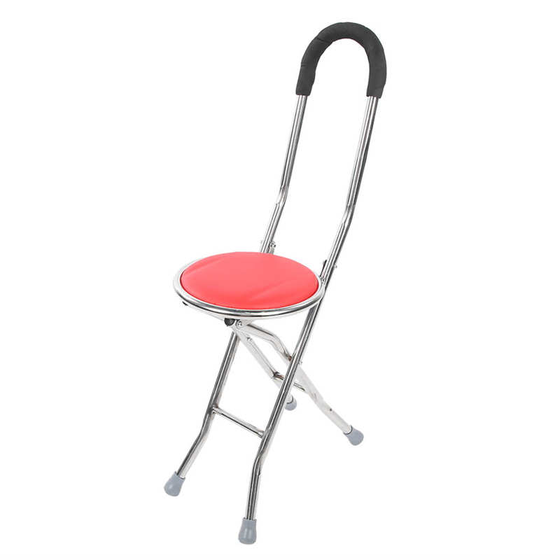 Non-Slip Folding Walking Cane Stool 1mm Thickness Stainless Steel Round Stool Elderly Walking Cane Red Mobility Aids