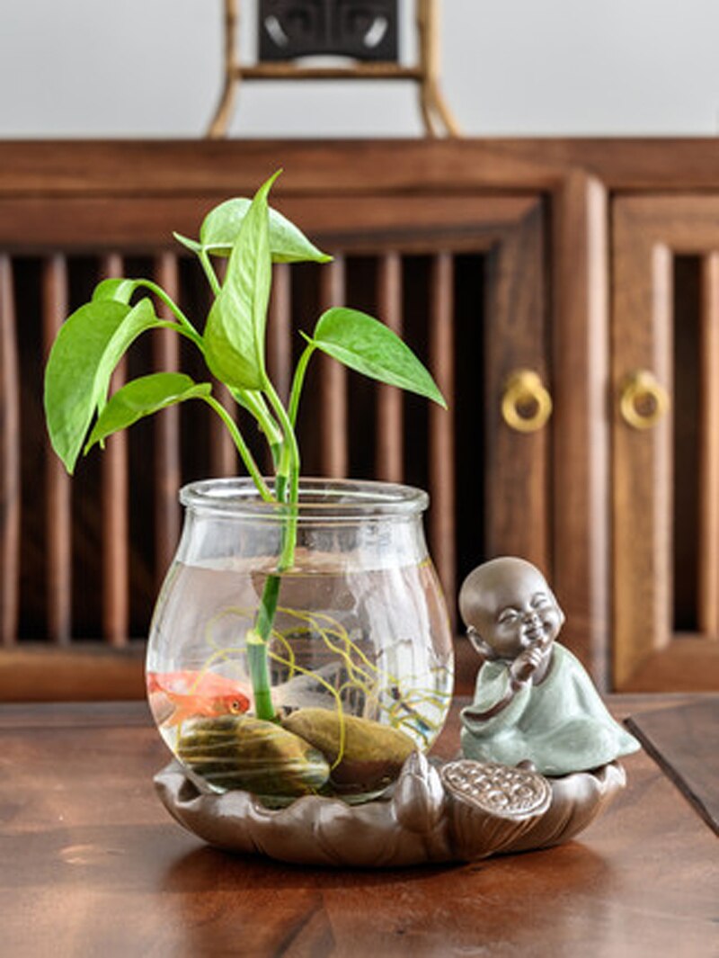 Maceta de cerámica hidropónica para decoración del hogar, florero pequeño de cerámica con maceta de cristal, adornos para té Geyao, para mascotas,