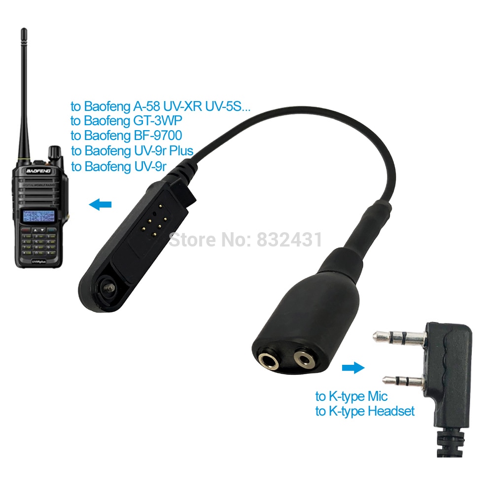 Radio Baofeng UV-9R Plus BF-9700 BF-A58 Adapter Cable Connector for UV-5R BF-888s Walkie Talkie K-Type 2 Pin Headset Microphone